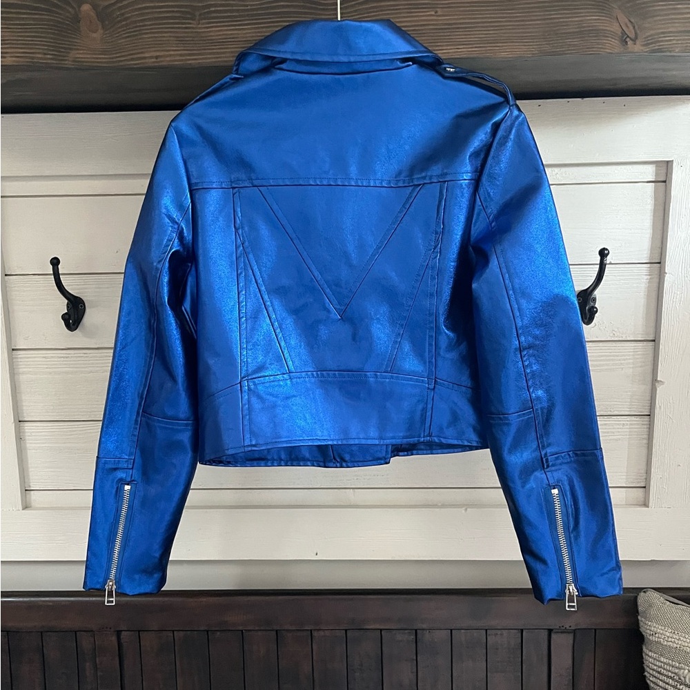 NWT 7 For All Mankind Faux Electric METALLIC Blue Moto / Biker Jacket Sz… - Picture 7 of 16